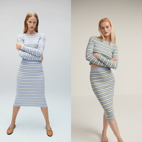 Zara Womens Size XL Blue Ribbed Striped Cropped Pullover NEW Crewneck Sweatshirt - Picture 3 of 16